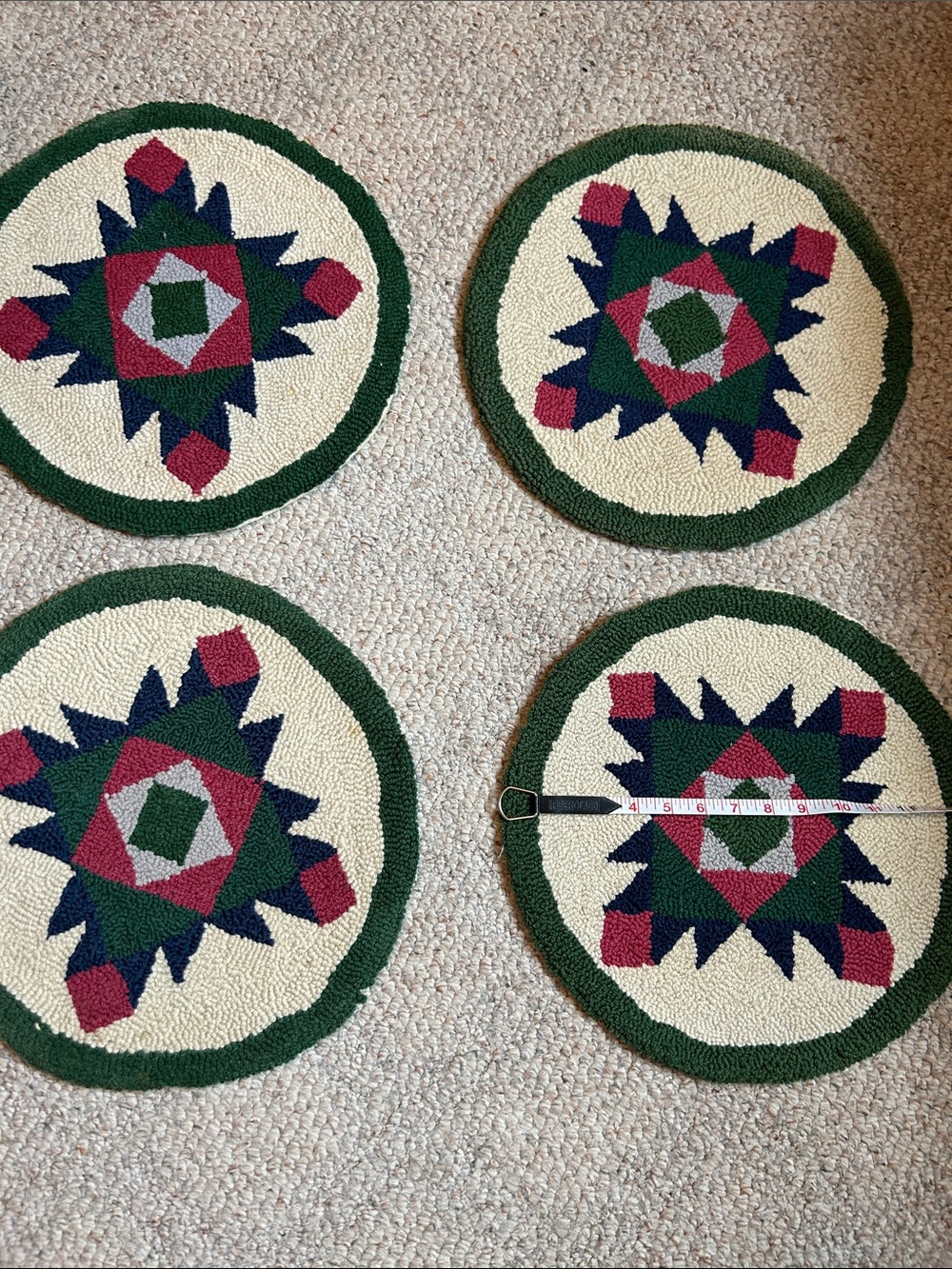 Vintage Handmade Green and Cream Star Hooked Seat Covers (Set of 4)